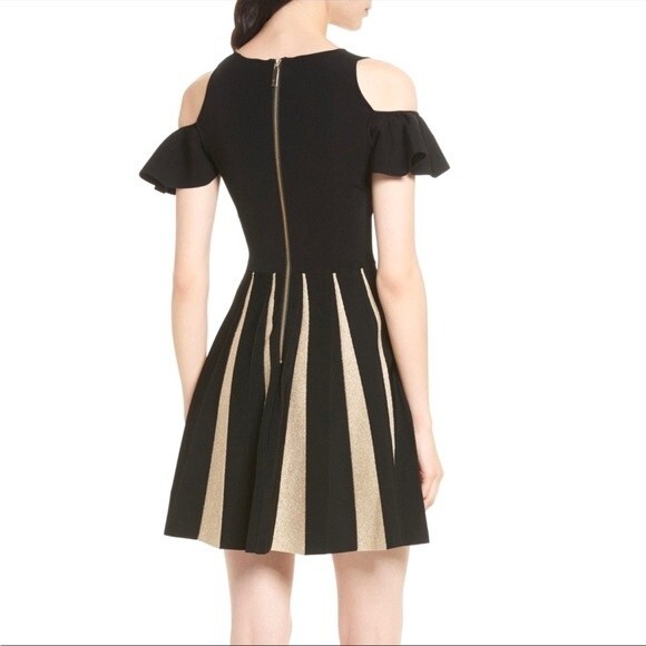 Ted Baker Wytney Cold-shoulder Skater Dress in Black and Gold 2 NWOT - Picture 3 of 13